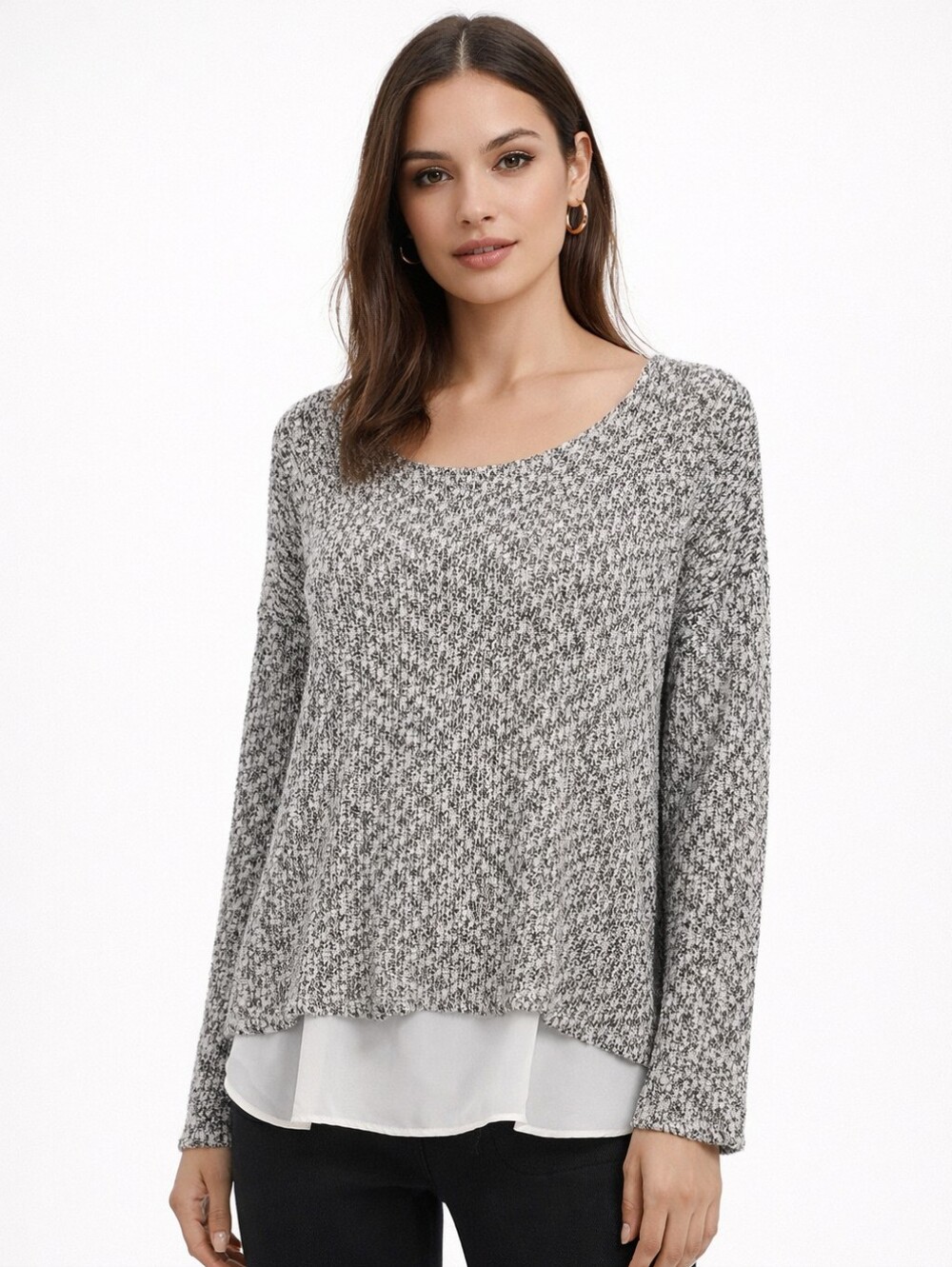 bobeau Black & White Scoop Neck Marled Knit Sweater With Shirtail XL